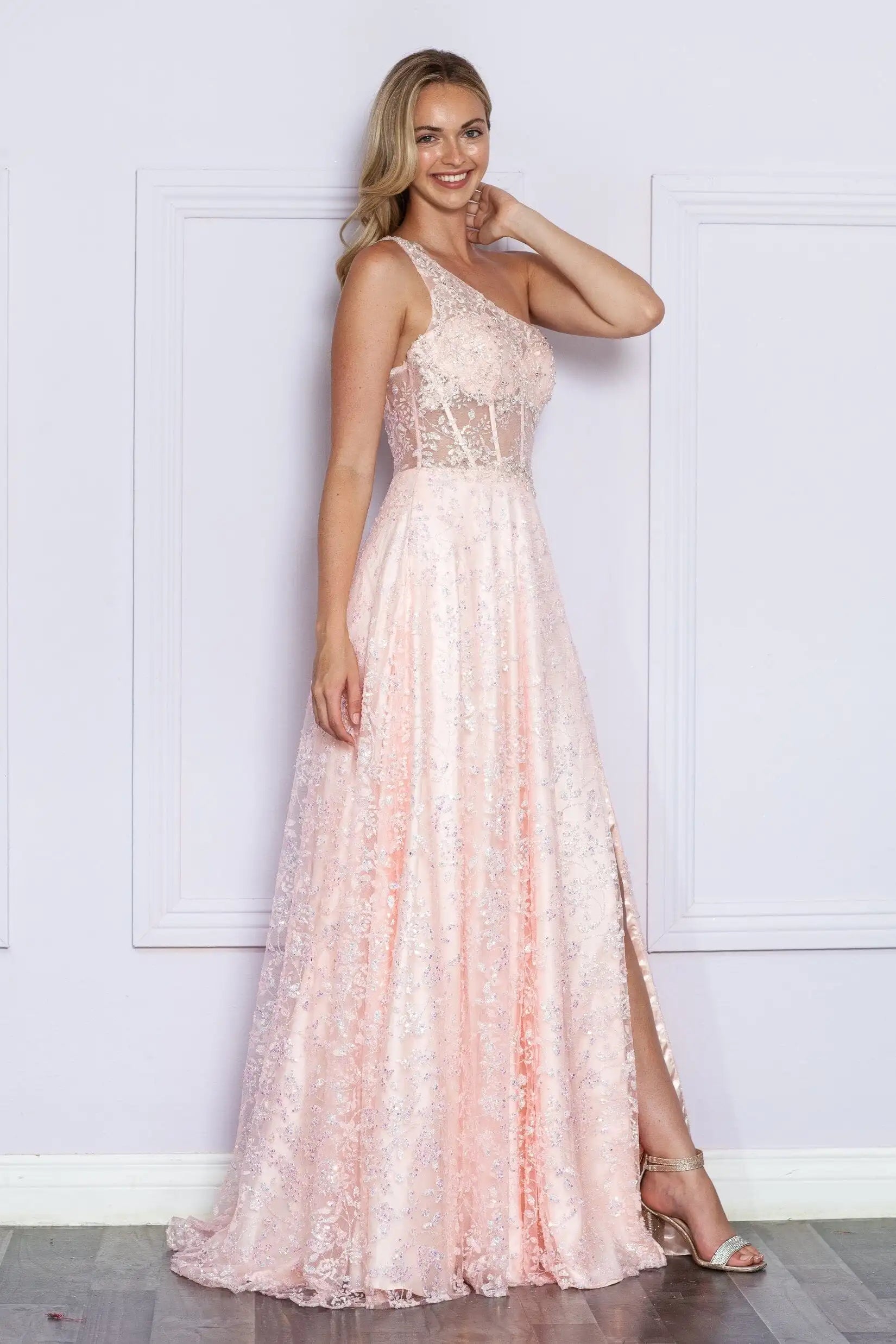 Elegant A-Line One-Shoulder Sequin Corset Blush Floor-Length Prom Dresses Women's Gown