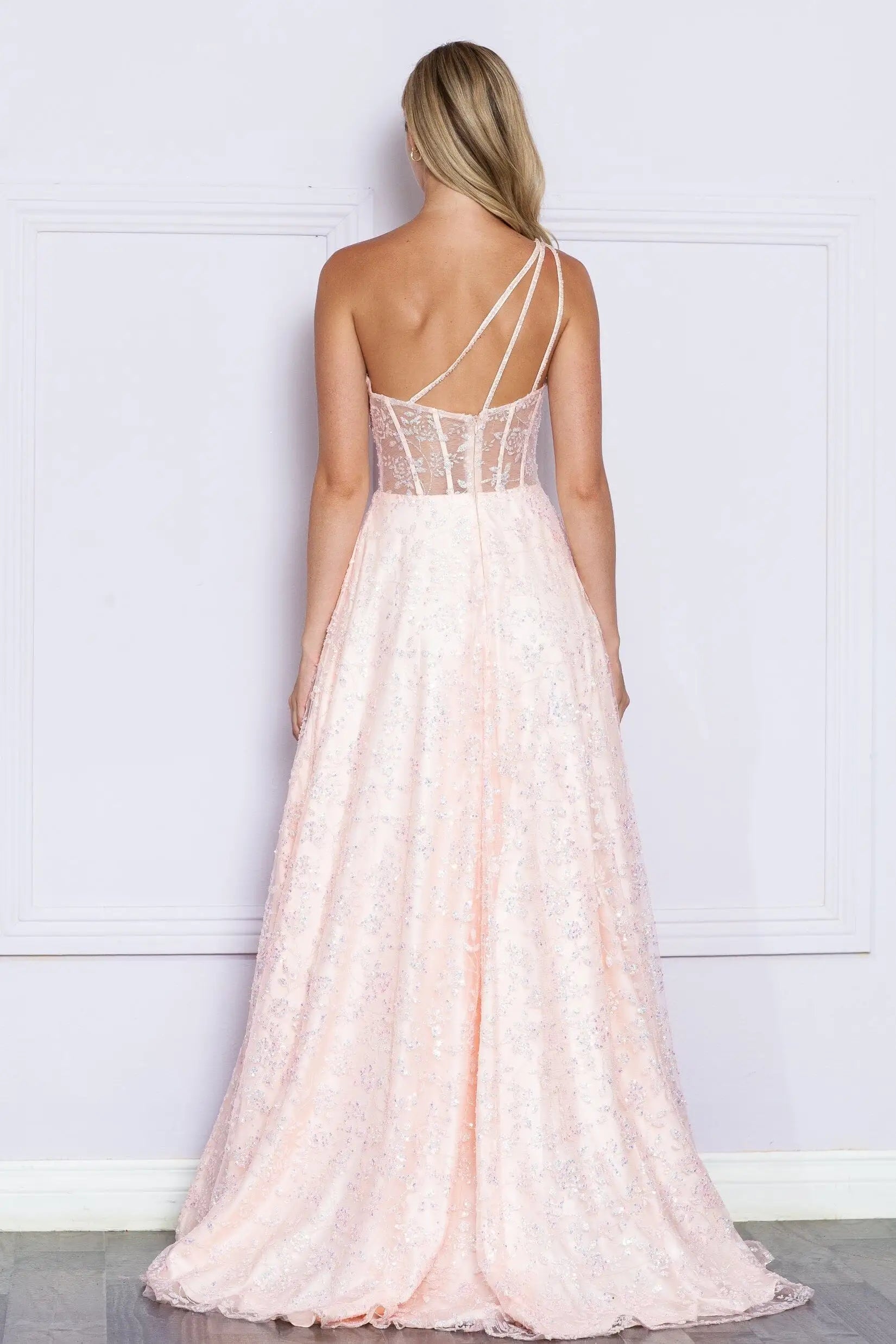 Elegant A-Line One-Shoulder Sequin Corset Blush Floor-Length Prom Dresses Women's Gown