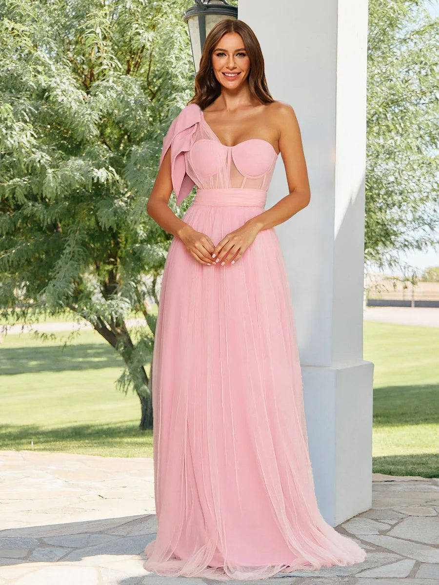 Elegant A-Line One-Shoulder Sleeveless Bow Detail Pink Floor-Length Prom Dresses Gown