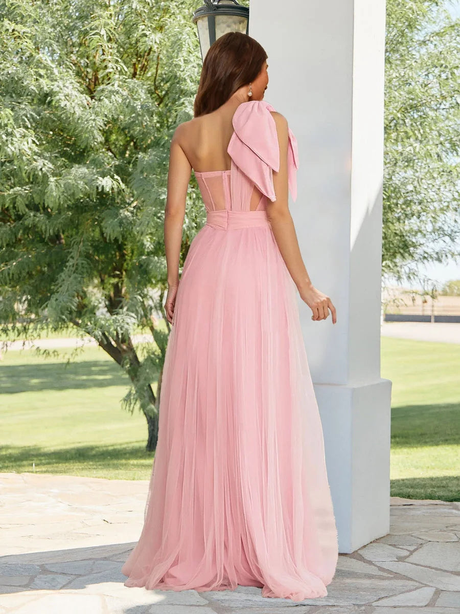 Elegant A-Line One-Shoulder Sleeveless Bow Detail Pink Floor-Length Prom Dresses Gown