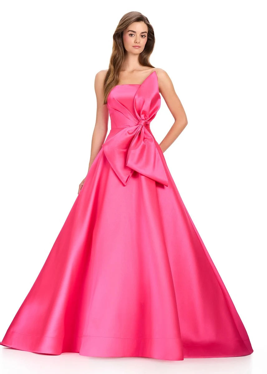 Elegant A-Line One-Shoulder Sleeveless Bow Hot Pink Floor-Length Prom Gown