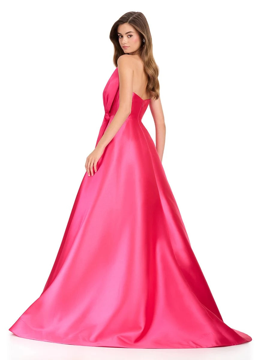 Elegant A-Line One-Shoulder Sleeveless Bow Hot Pink Floor-Length Prom Gown