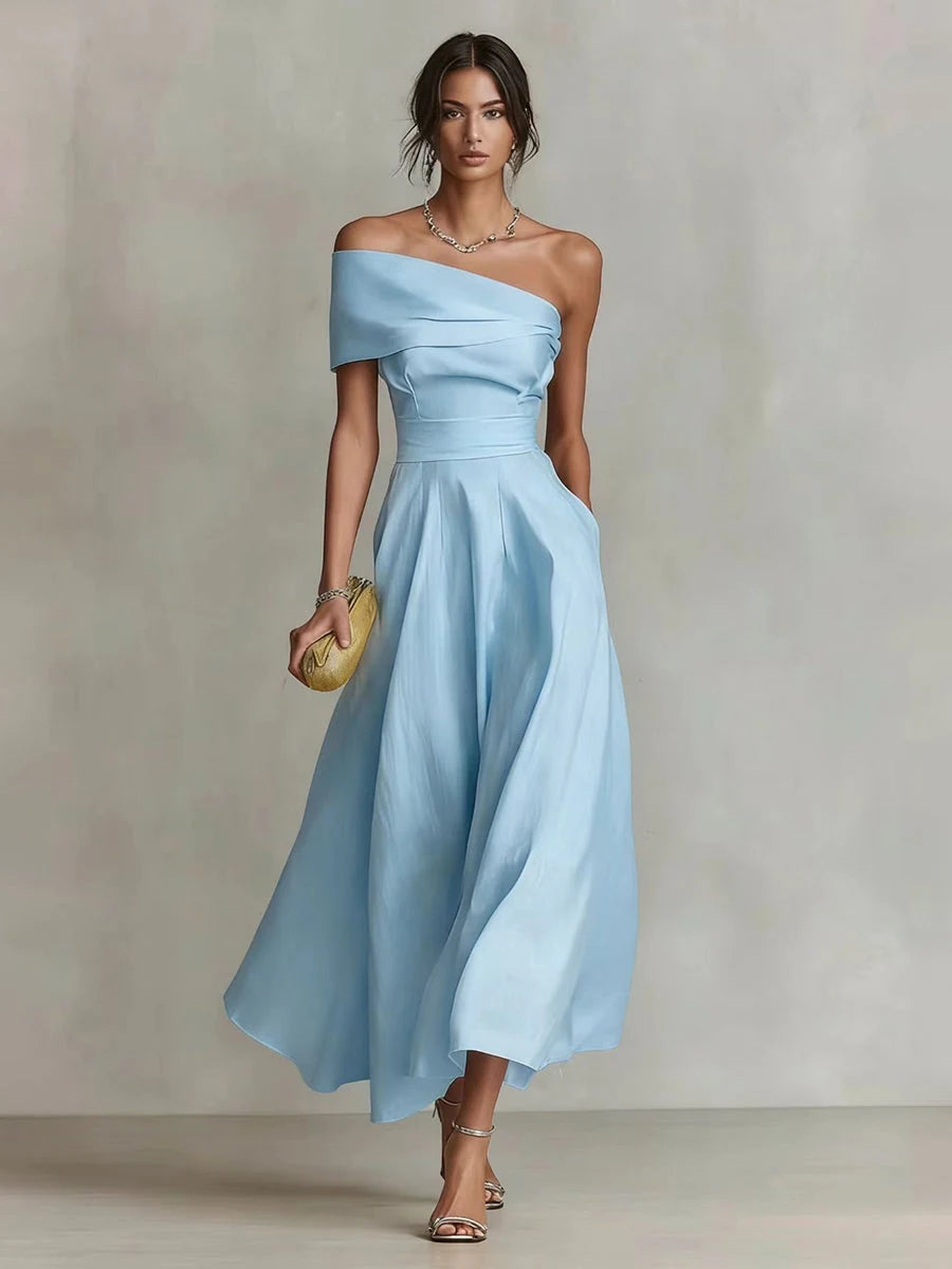 Elegant A-Line One-Shoulder Sleeveless Pleated Light Blue Midi Prom Dress