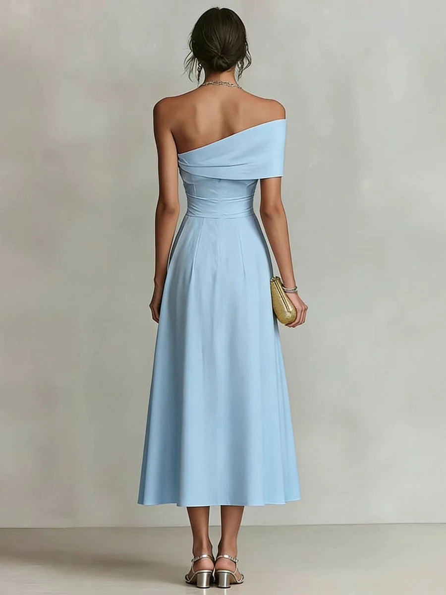 Elegant A-Line One-Shoulder Sleeveless Pleated Light Blue Midi Prom Dress