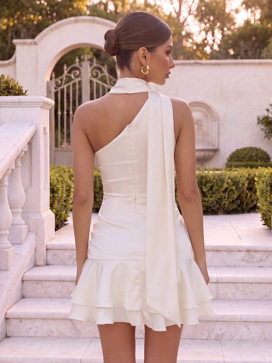 Elegant A-Line One-Shoulder Sleeveless Ruched Floral Cream Short Homecoming Dresses Women Party