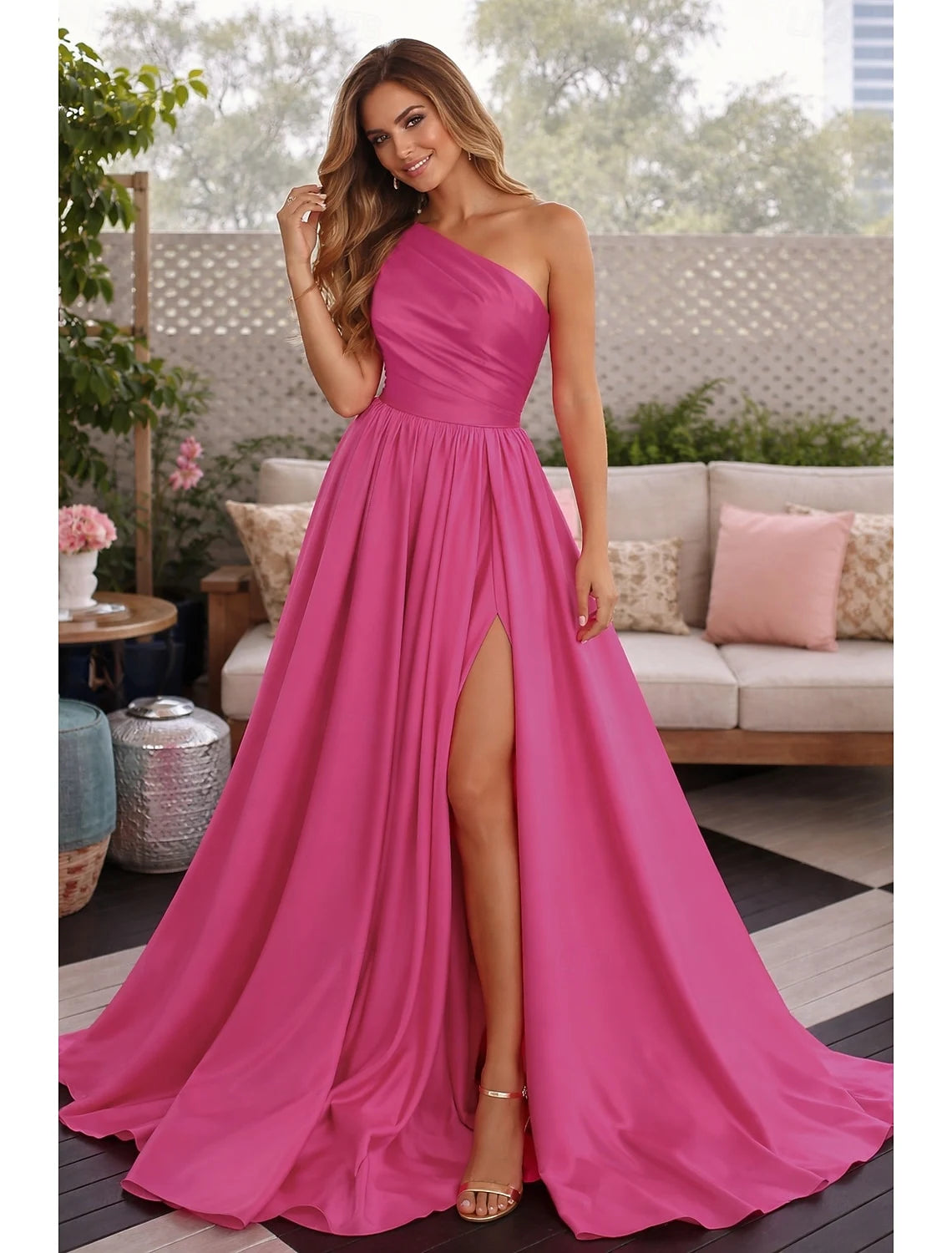 Elegant A-Line One-Shoulder Sleeveless Ruched Fuchsia Floor-Length Prom Dress Gown