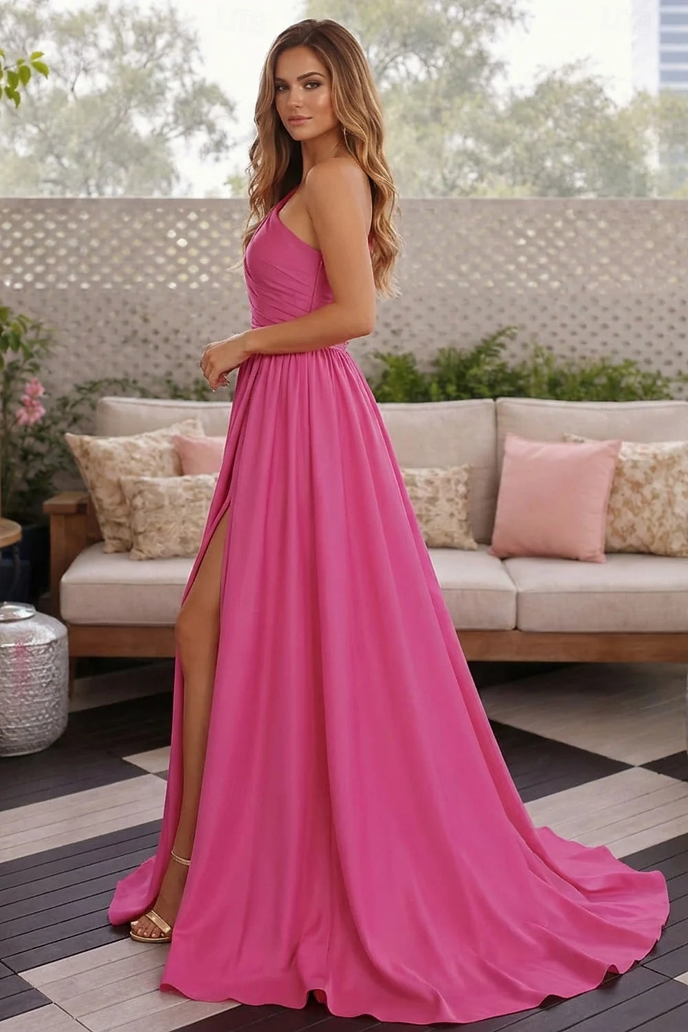 Elegant A-Line One-Shoulder Sleeveless Ruched Fuchsia Floor-Length Prom Dress Gown