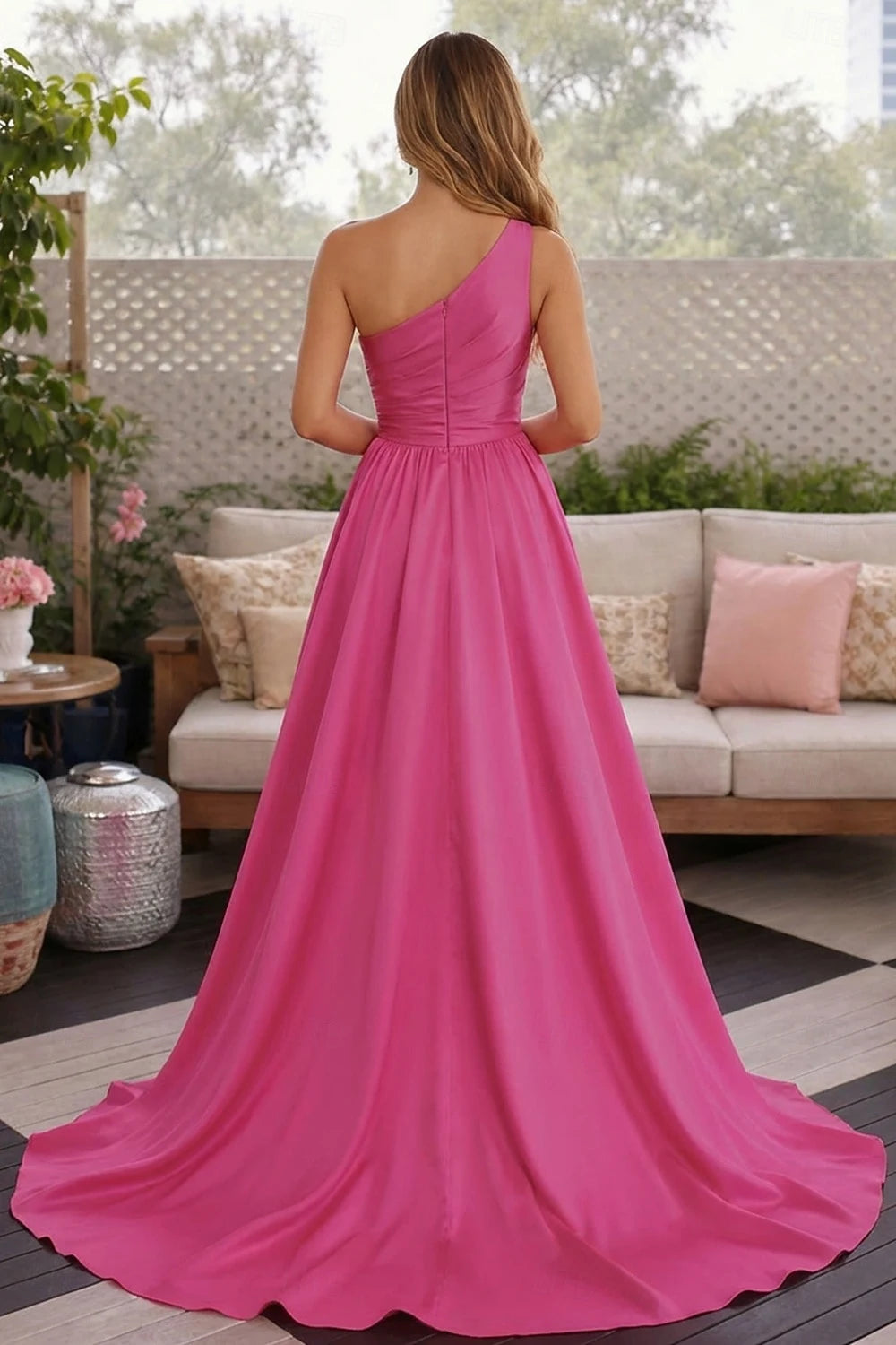 Elegant A-Line One-Shoulder Sleeveless Ruched Fuchsia Floor-Length Prom Dress Gown