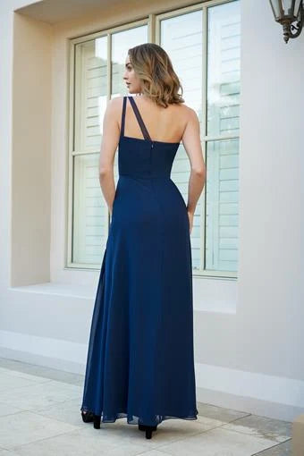 Elegant A-Line One-Shoulder Sleeveless Slit Navy Blue Floor-Length Prom Dress
