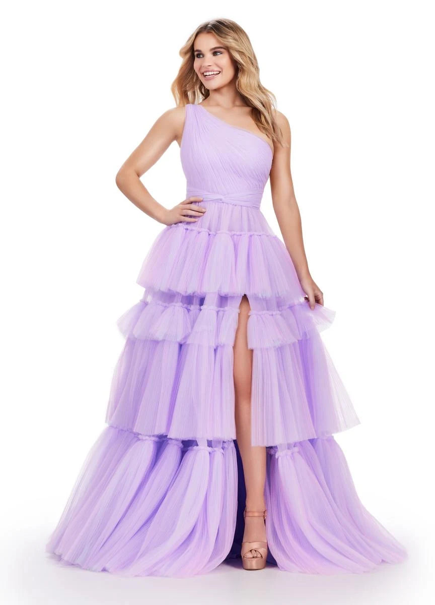 Elegant A-Line One-Shoulder Sleeveless Tiered Ruffle Lavender Floor-Length Prom Dress For Women Gown