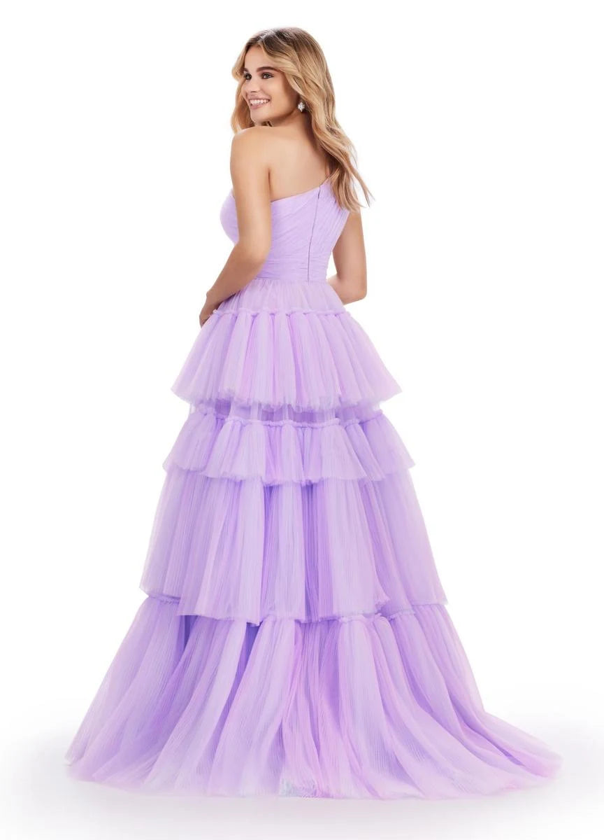 Elegant A-Line One-Shoulder Sleeveless Tiered Ruffle Lavender Floor-Length Prom Dress For Women Gown
