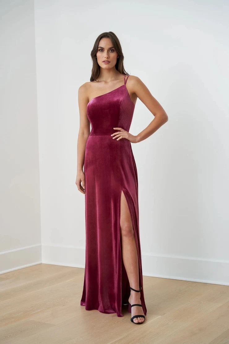 Elegant A-Line One-Shoulder Slit Back-Strap Burgundy Floor-Length Prom Dress