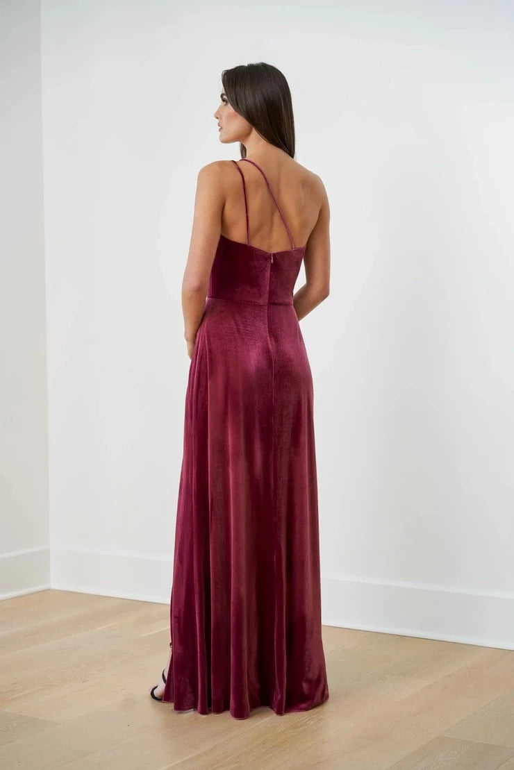 Elegant A-Line One-Shoulder Slit Back-Strap Burgundy Floor-Length Prom Dress