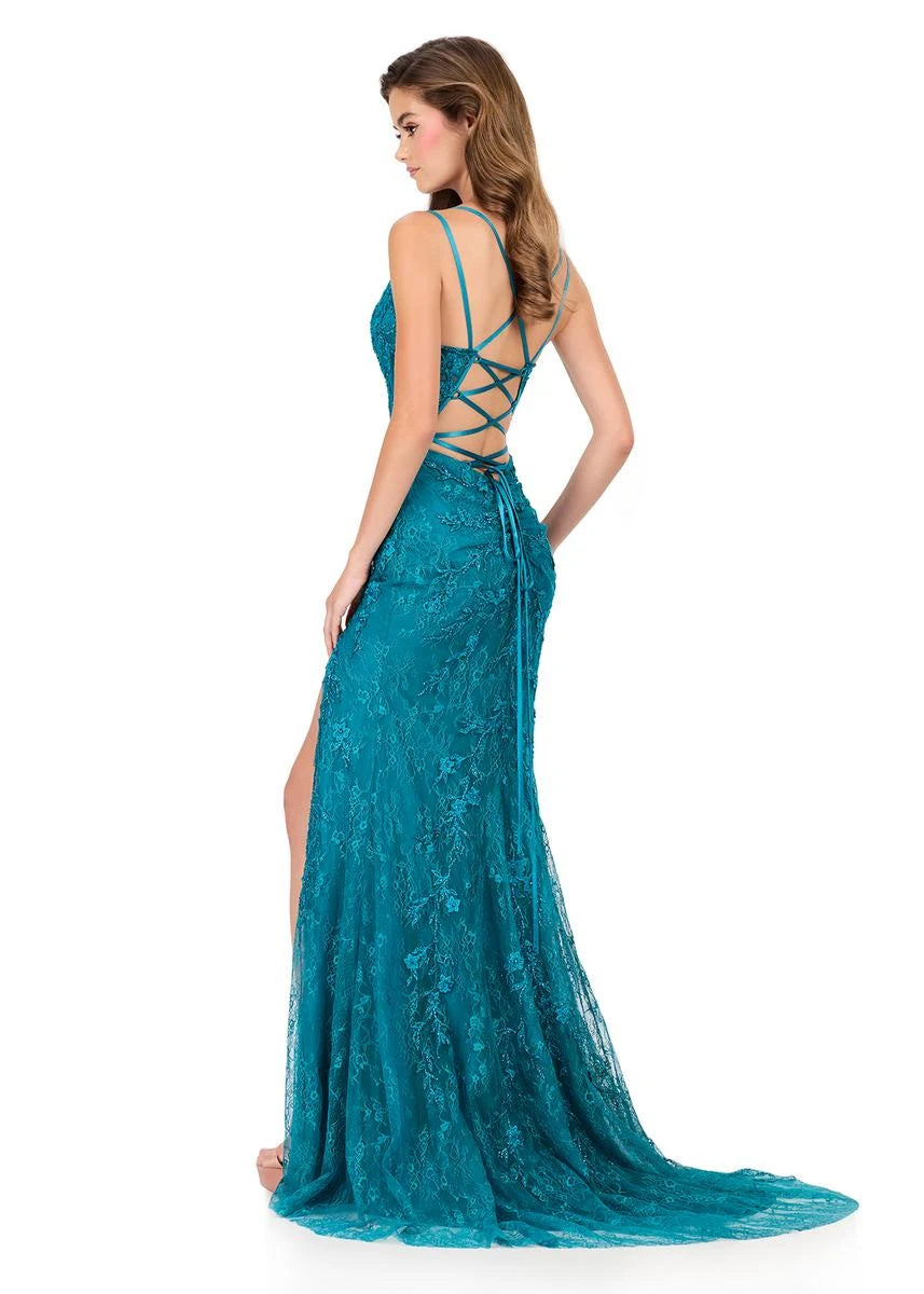 Elegant A-Line Plunge V-Neck Lace High-Slit Teal Floor-Length Prom Gown