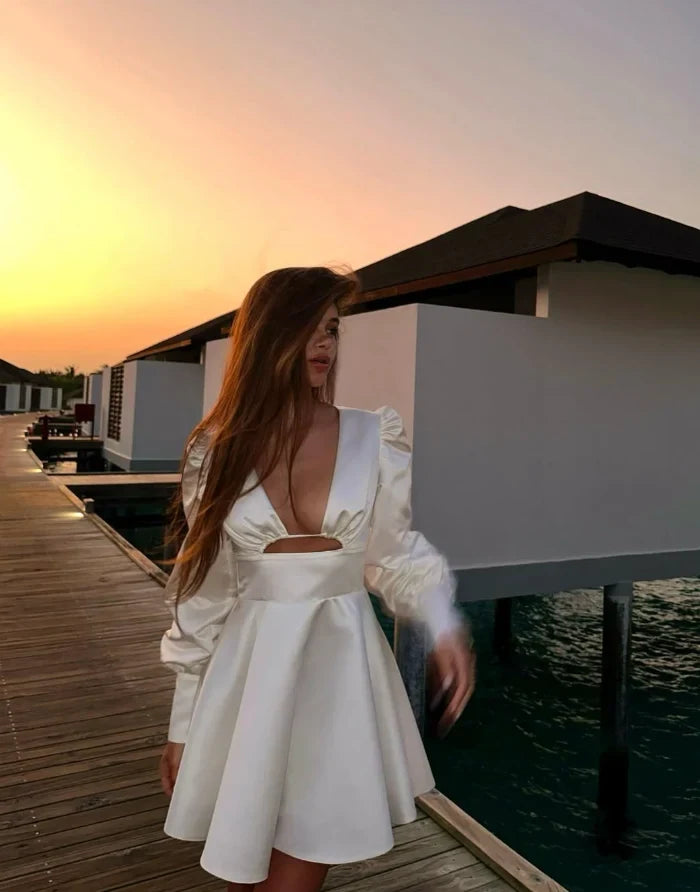 Elegant A-Line Plunge V-Neck Long Sleeve Bow Back Ivory Short Homecoming Dress