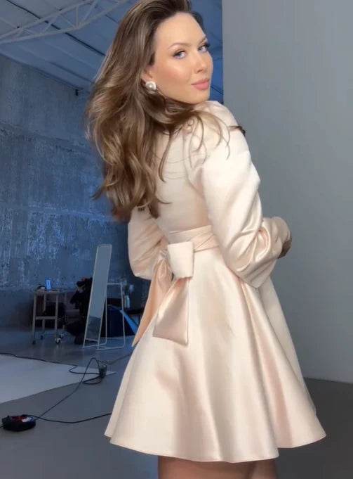 Elegant A-Line Plunge V-Neck Long Sleeve Bow Back Ivory Short Homecoming Dress