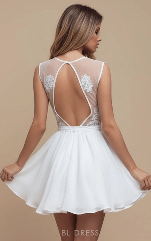 Elegant A-Line Plunge V-Neck Sleeveless Lace White Short Homecoming Dress