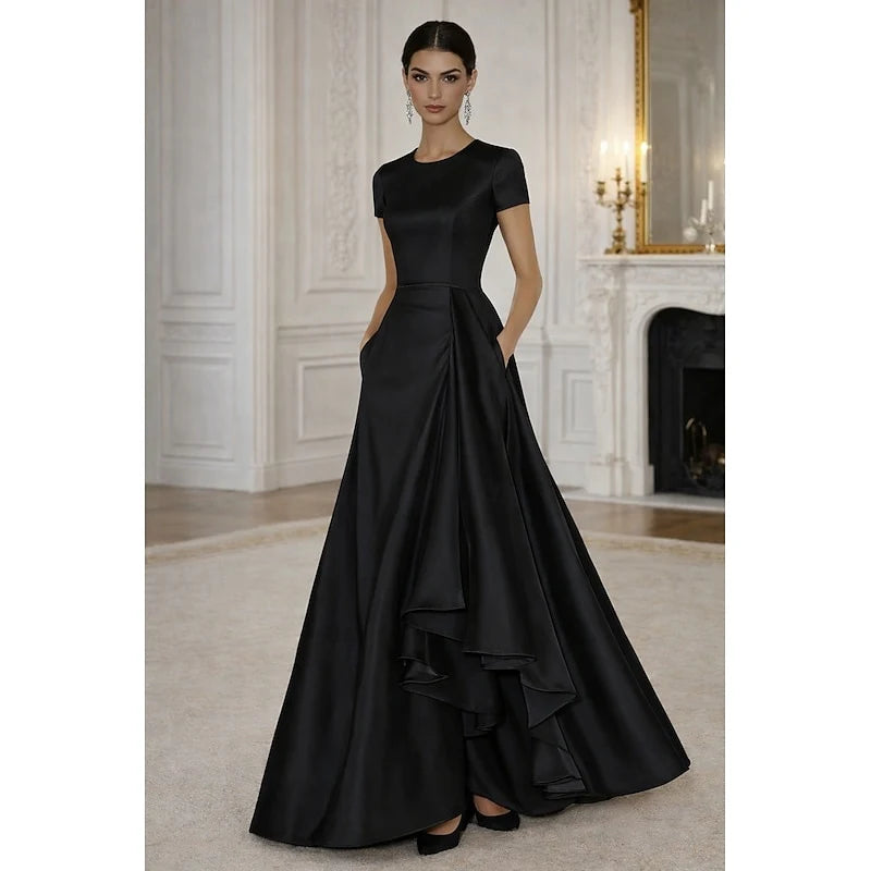 Elegant A-Line Round Neck Short Sleeve Modest Sophisticated Black Floor-Length Evening Dresses