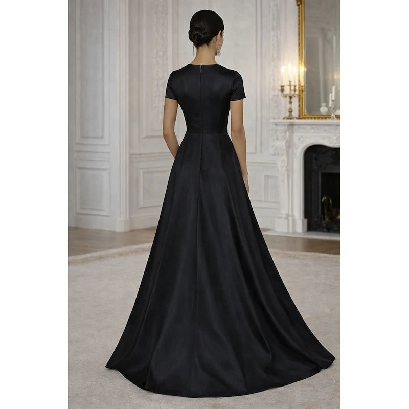 Elegant A-Line Round Neck Short Sleeve Modest Sophisticated Black Floor-Length Evening Dresses
