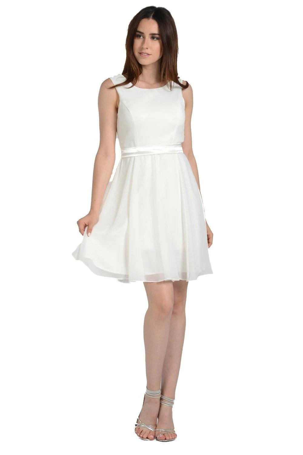 Elegant A-Line Round Neck Sleeveless Pleated Flowy White Short Homecoming Dresses