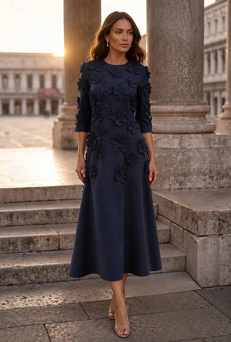 Elegant A-Line Round Neck Three-Quarter Sleeve Floral Navy Blue Midi Prom Dress