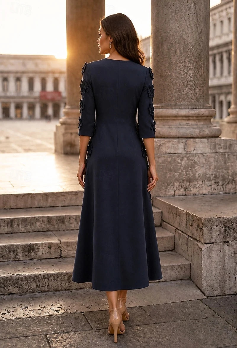 Elegant A-Line Round Neck Three-Quarter Sleeve Floral Navy Blue Midi Prom Dress