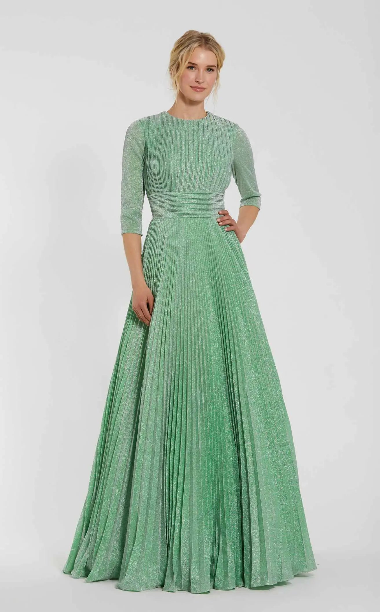 Elegant A-Line Round Neck Three-Quarter Sleeve Glitter Mint Green Floor-Length Prom Gown