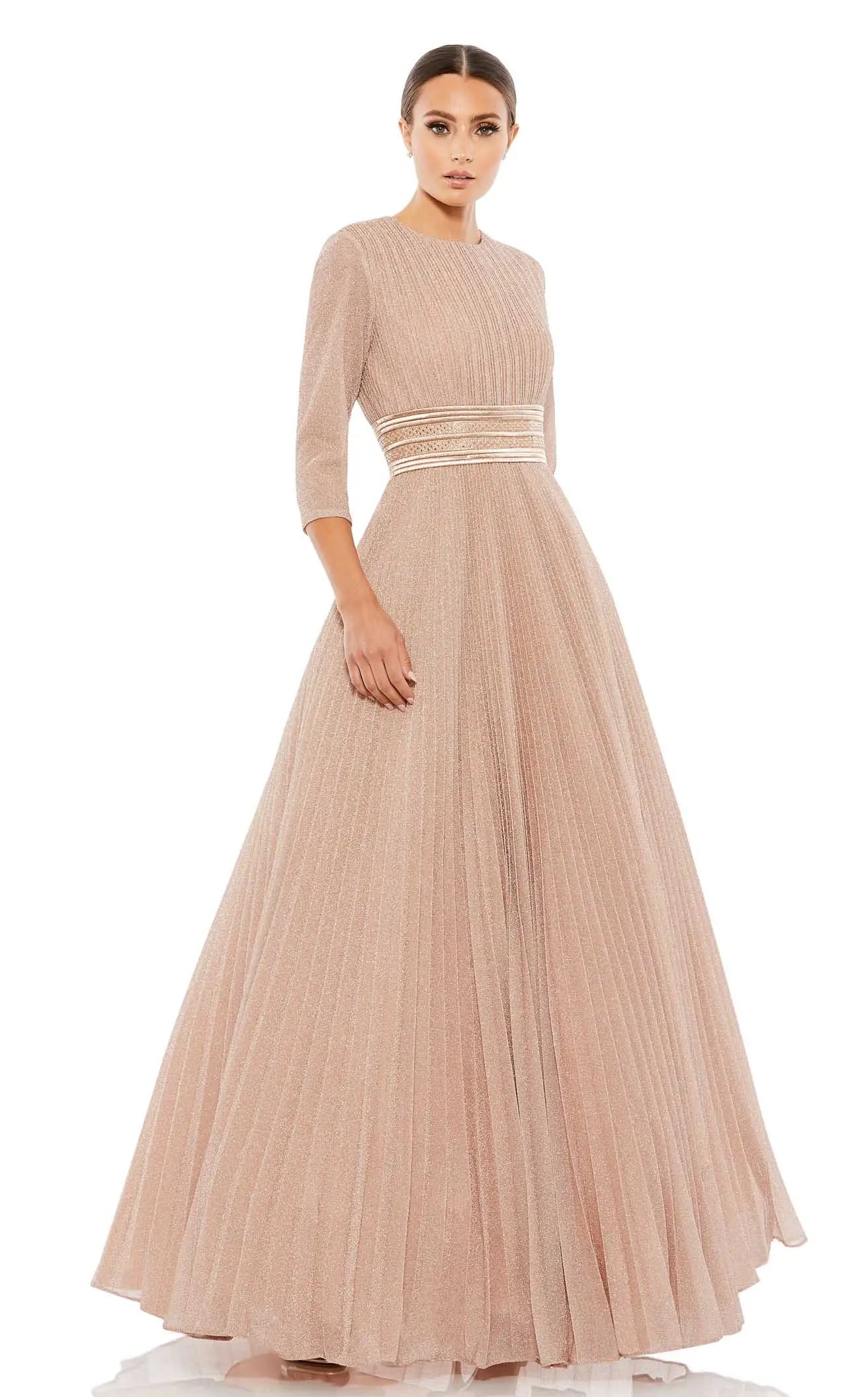 Elegant A-Line Round Neck Three-Quarter Sleeve Shimmering Rose Gold Floor-Length Prom Dress