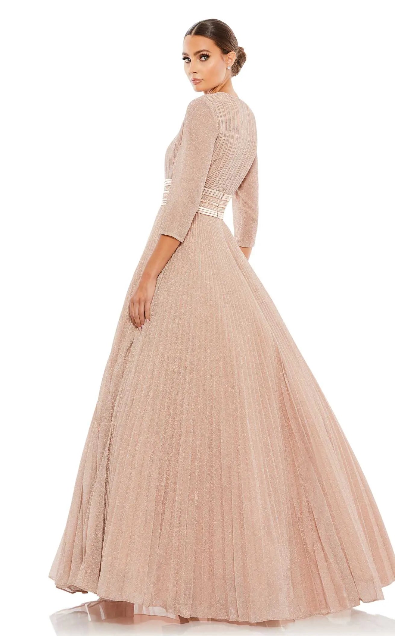 Elegant A-Line Round Neck Three-Quarter Sleeve Shimmering Rose Gold Floor-Length Prom Dress