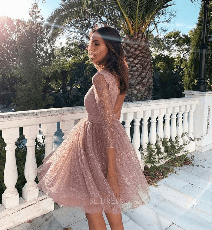 Elegant A-Line Round Neck Three-Quarter Sleeve Sparkling Rose Gold Short Homecoming Dress