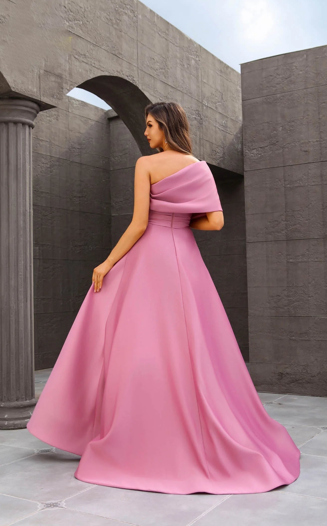 Elegant A-Line Ruched One-Shoulder Embellished Pink Floor-Length Prom Dresses Gown