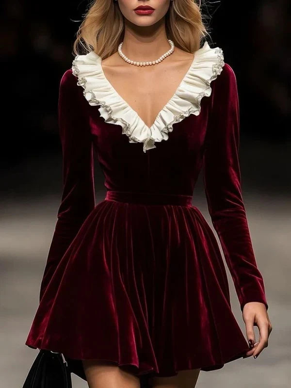 Elegant A-Line Ruffled V-Neck Long Sleeve Velvet Burgundy Short Homecoming Dress