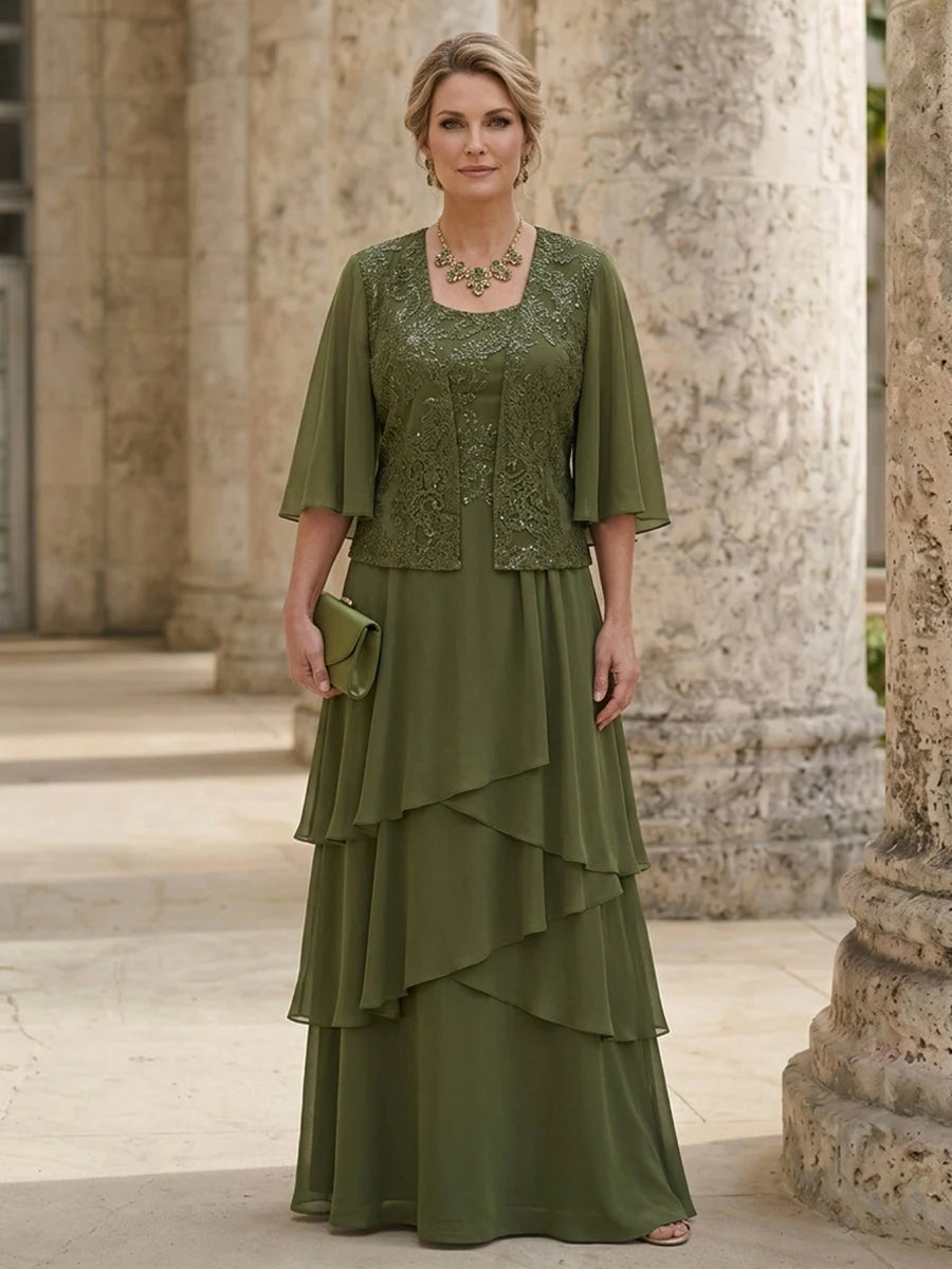 Elegant A-Line Scoop-Neck Sleeved Tiered Green Mother Of The Bride Dress