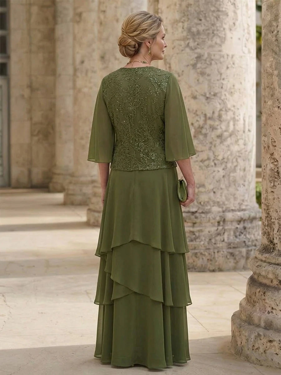 Elegant A-Line Scoop-Neck Sleeved Tiered Green Mother Of The Bride Dress