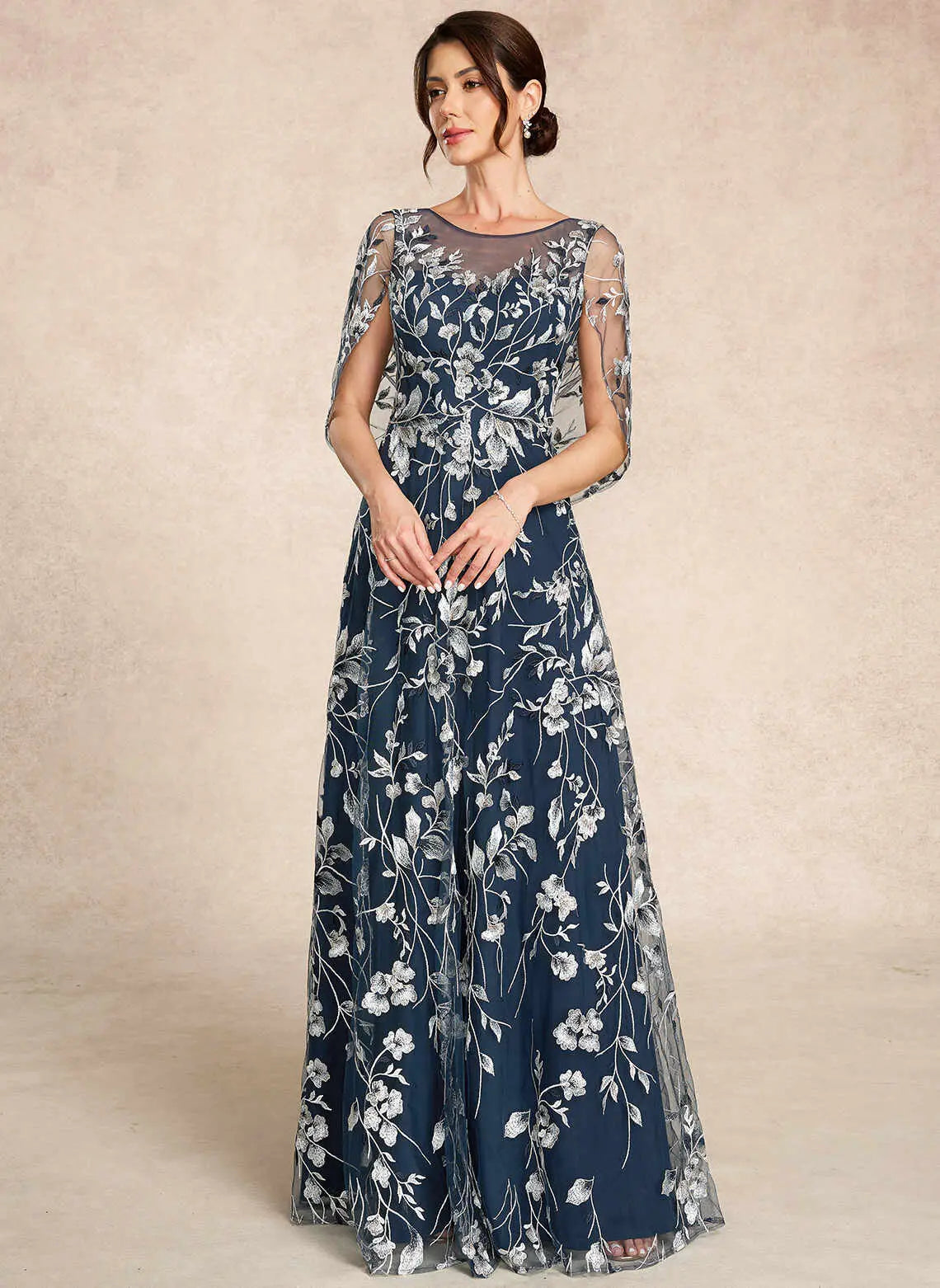 Elegant A-Line Scoop Half-Sleeve Floral Cape Navy Floor-Length Mother of the Bride Dress For Women