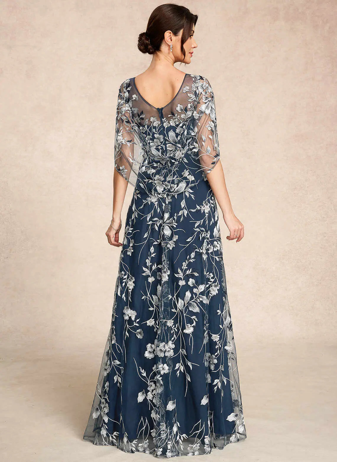 Elegant A-Line Scoop Half-Sleeve Floral Cape Navy Floor-Length Mother of the Bride Dress For Women