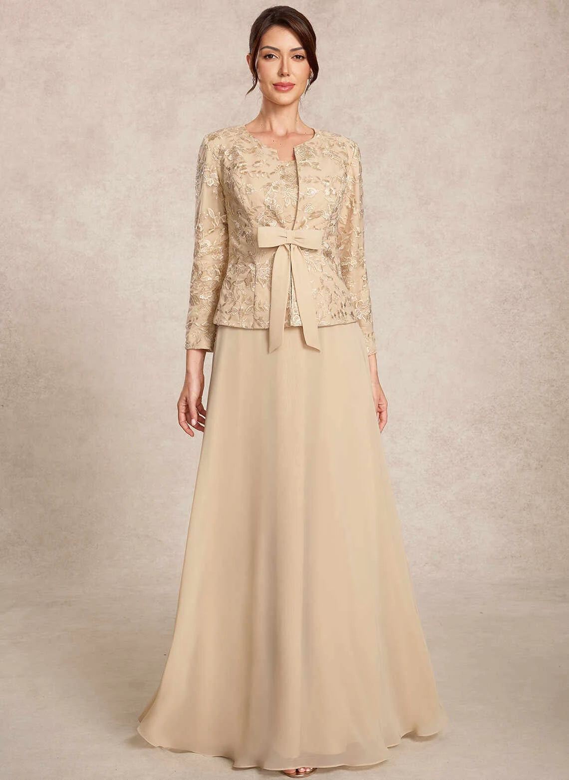 Elegant A-Line Scoop Long-Sleeve Embroidered Champagne Mother Of The Bride Dress