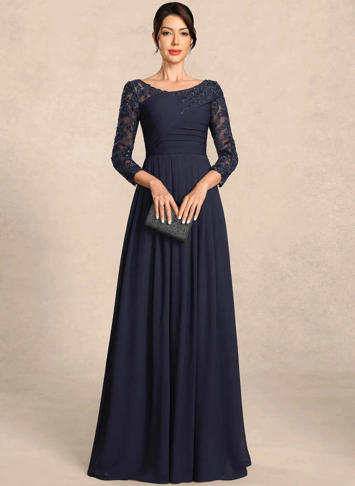 Elegant A-Line Scoop Neck 3/4 Sleeve Embroidered Pleated Midnight Maxi Mother of the Bride Dress for Women
