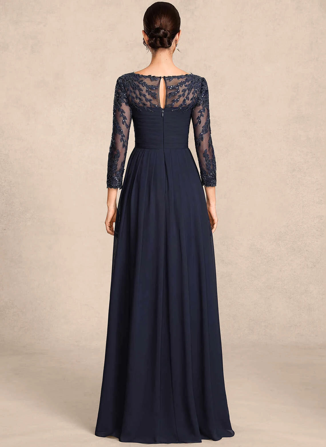 Elegant A-Line Scoop Neck 3/4 Sleeve Embroidered Pleated Midnight Maxi Mother of the Bride Dress for Women