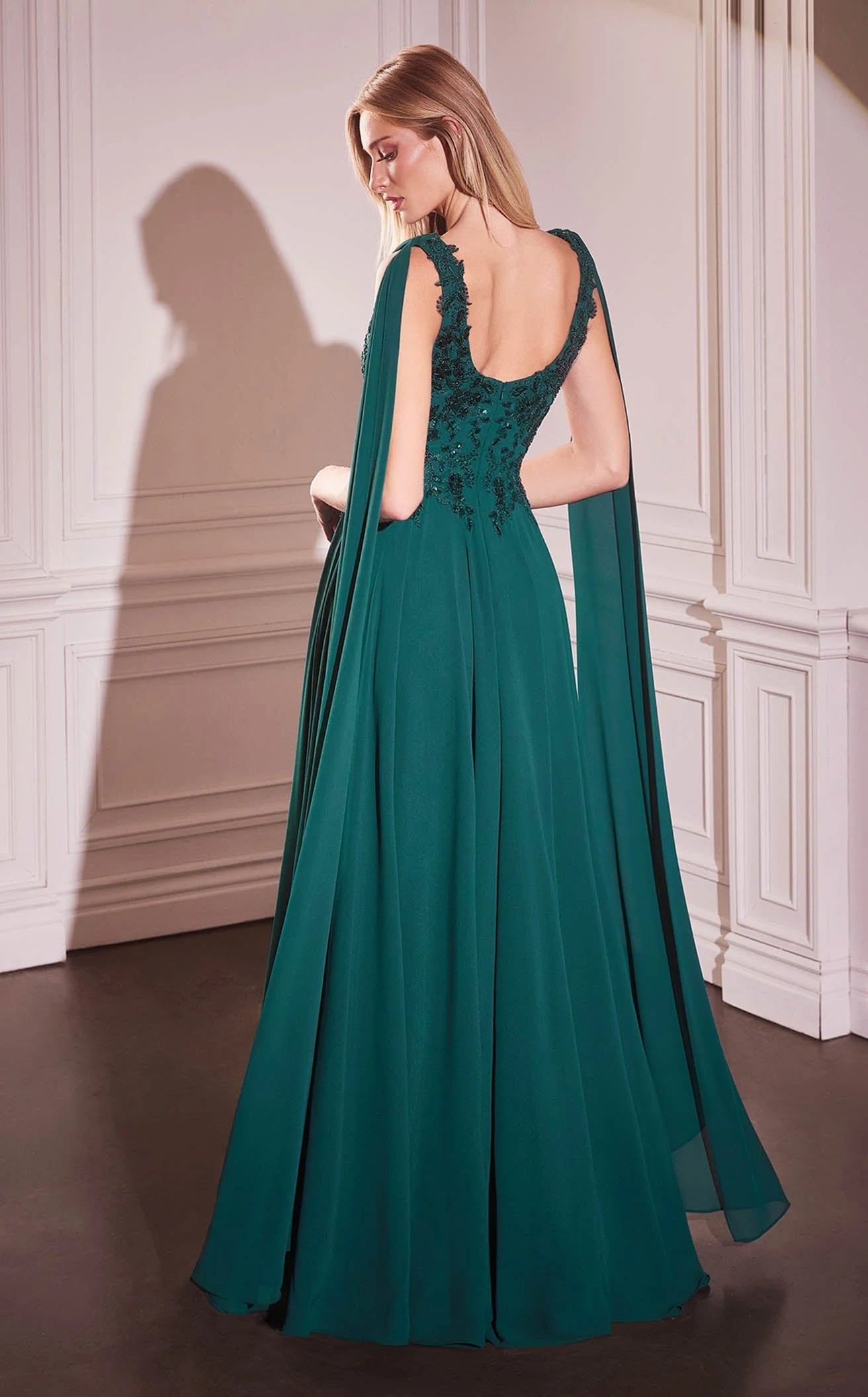 Elegant A-Line Scoop Neck Cape Sleeve Beaded Emerald Green Floor-Length Prom Dress