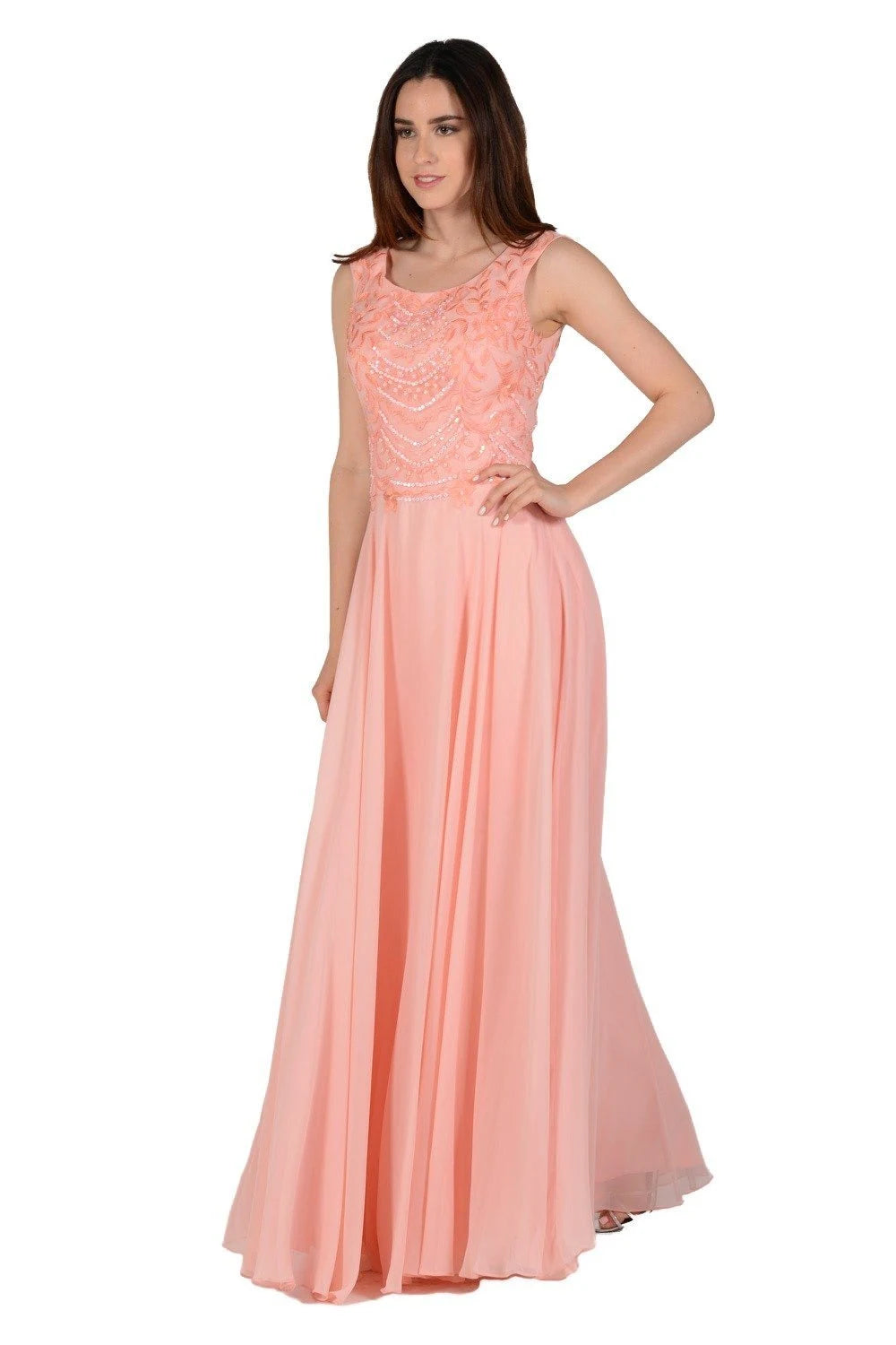 Elegant A-Line Scoop Neck Sleeveless Beaded Flowy Peach Floor-Length Prom Dress for Women