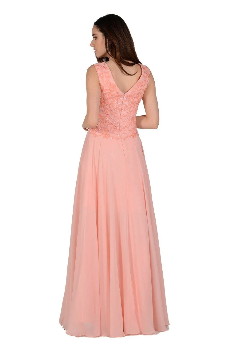 Elegant A-Line Scoop Neck Sleeveless Beaded Flowy Peach Floor-Length Prom Dress for Women