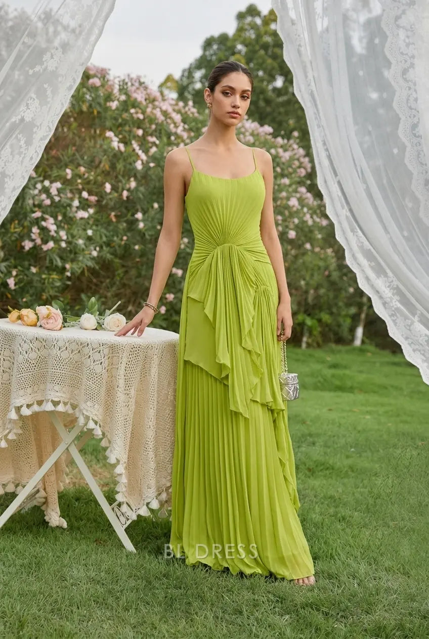 Elegant A-Line Scoop Neck Sleeveless Draped Pleated Lime Green Floor-Length Prom Gown