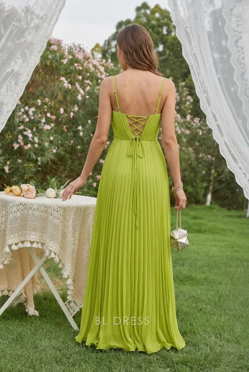Elegant A-Line Scoop Neck Sleeveless Draped Pleated Lime Green Floor-Length Prom Gown
