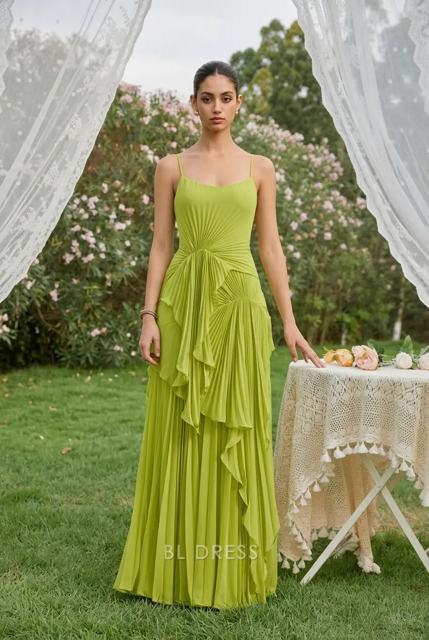 Elegant A-Line Scoop Neck Sleeveless Draped Pleated Lime Green Floor-Length Prom Gown