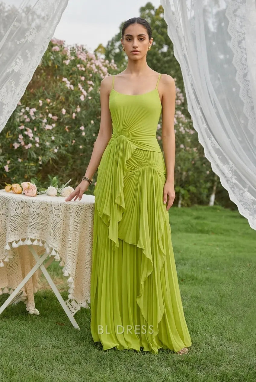 Elegant A-Line Scoop Neck Sleeveless Draped Pleated Lime Green Floor-Length Prom Gown
