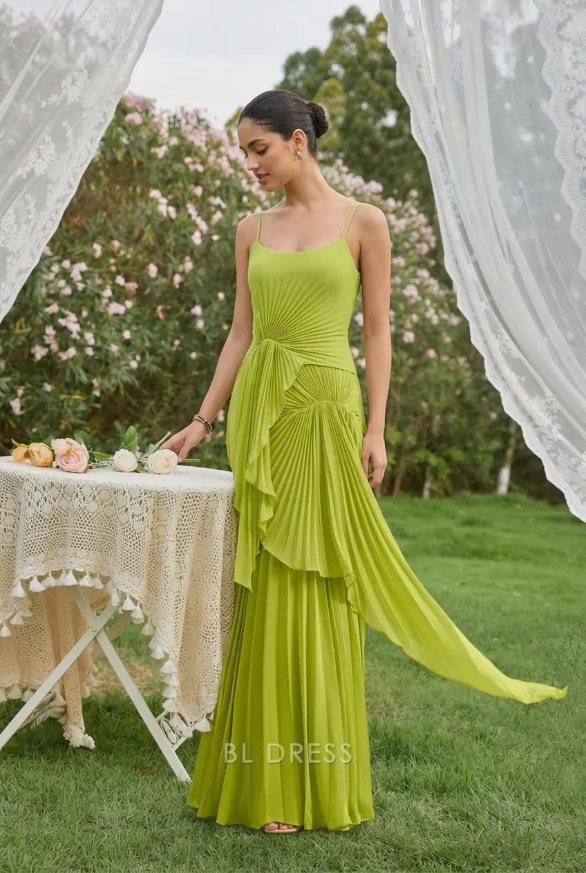 Elegant A-Line Scoop Neck Sleeveless Draped Pleated Lime Green Floor-Length Prom Gown