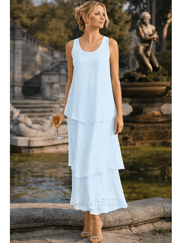 Elegant A-Line Scoop Neck Sleeveless Layered Light Blue Midi Prom Dresses Women's Gown