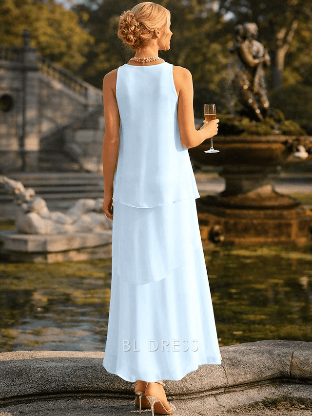 Elegant A-Line Scoop Neck Sleeveless Layered Light Blue Midi Prom Dresses Women's Gown