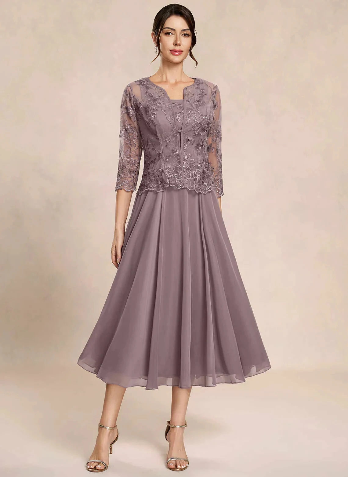 Elegant A-Line Scoop Sleeved Sequined Dusk Mother Of The Bride Dress
